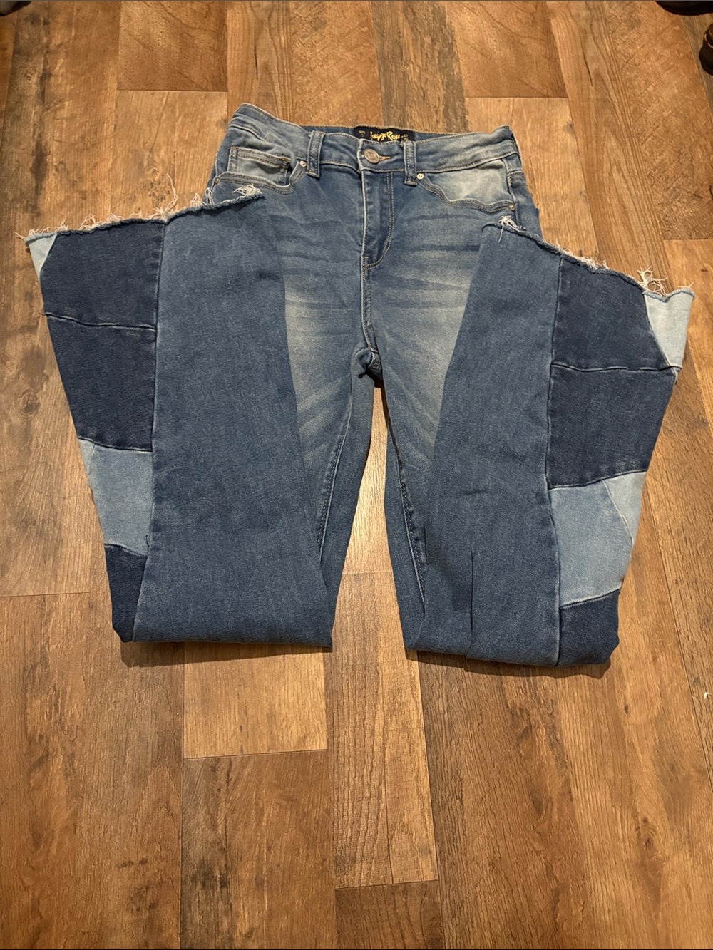 Y2K Style Patch Work Flare Jeans with Stretch Indigo Rein Two-Tone Blue Denim